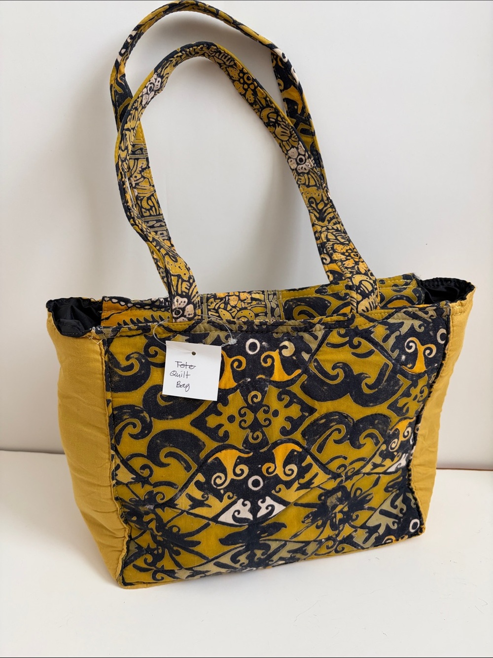 Zip Top Handmade Quilted Softside Handbag Purse Mini Tote Bag Black & Yellow